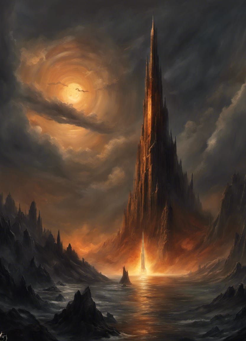 Barad-dûr dark fortress tower of Sauron and celestial lighth...