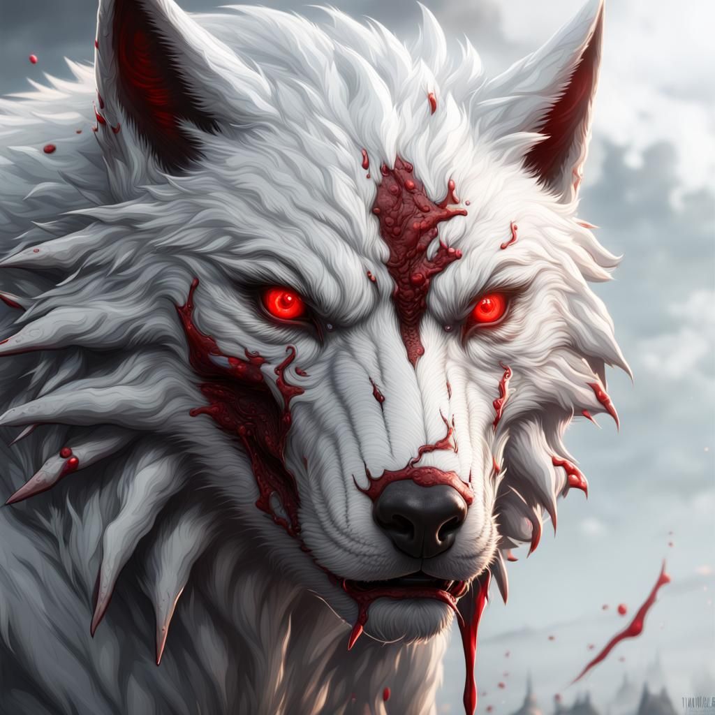 white wolf red eyes with deep bleeding gashes