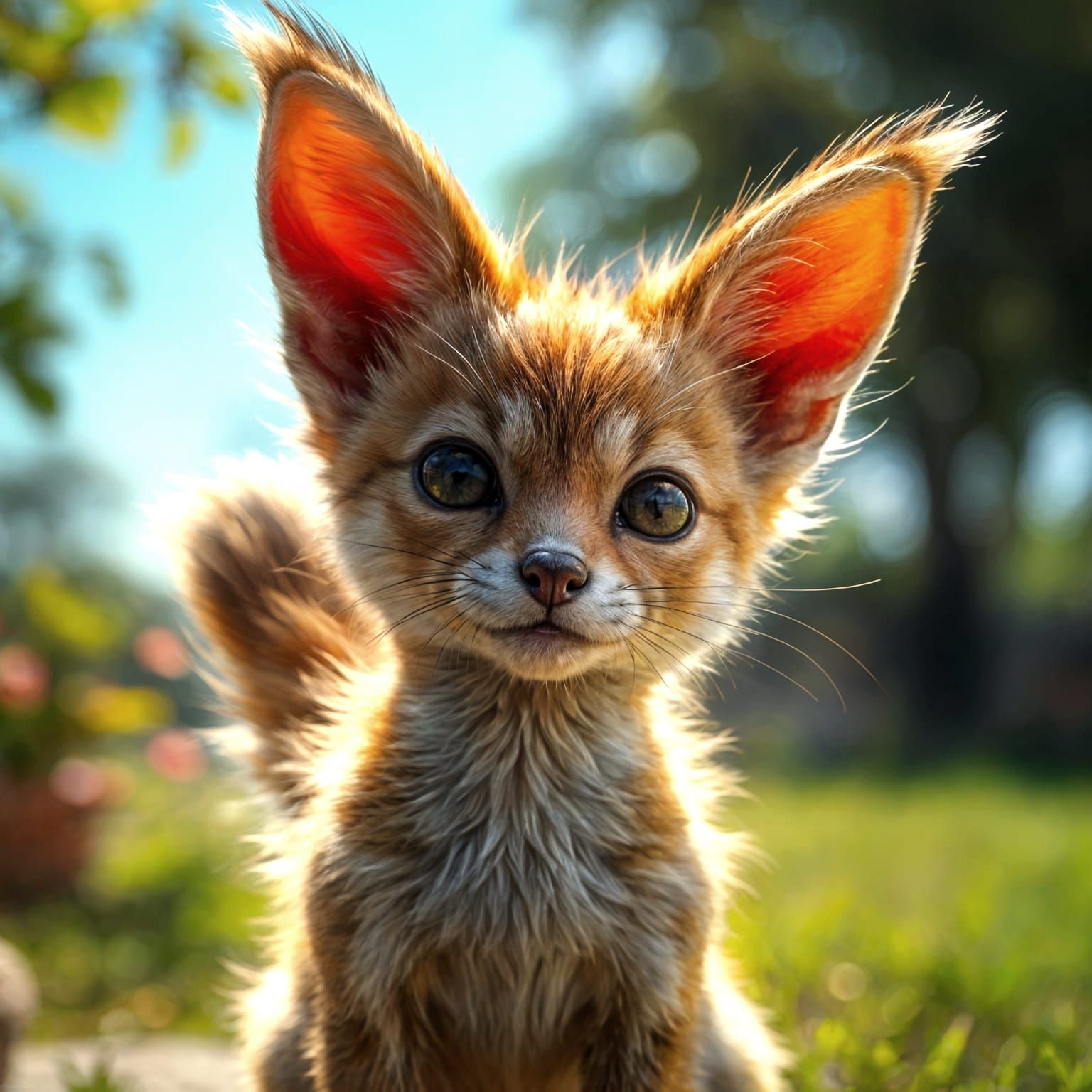 Hyper realistic. A small animal that resembles a hybrid of cat, fox, weasel, and dog. It has very large ...  by @MontyWallance