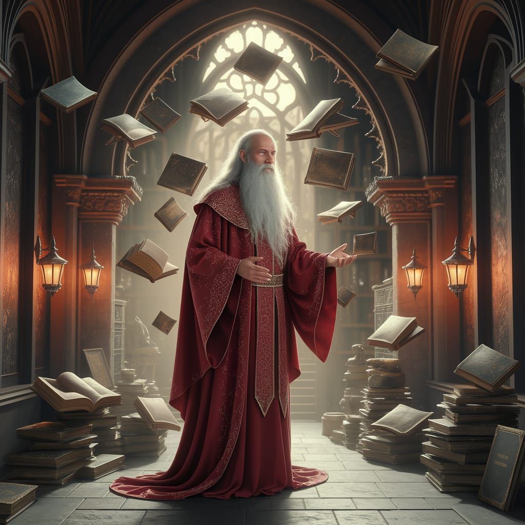 A wise old wizard, draped in flowing, crimson-gold filigree robes ...