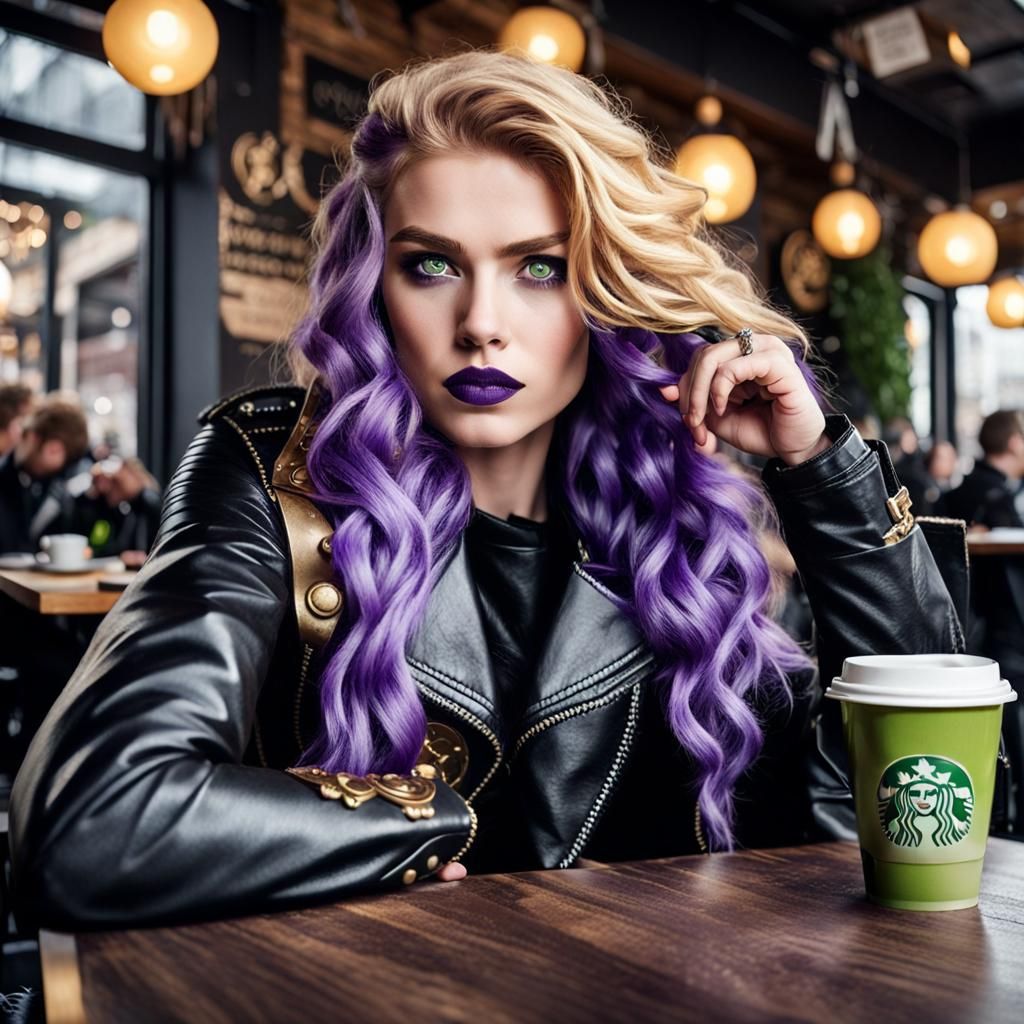Valkyrie with Viking features, wavy golden hair that has pur...