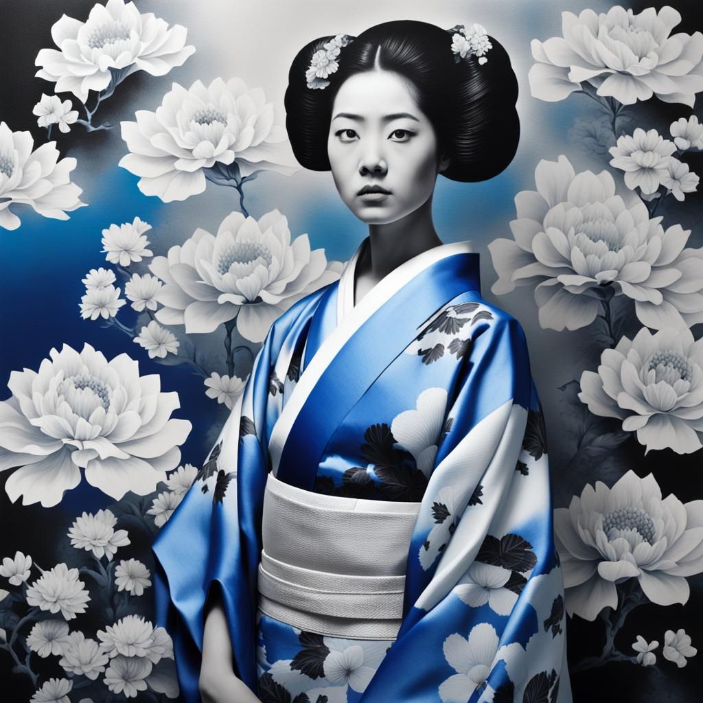 black and white photo of a woman in a kimono, an airbrush painting ...