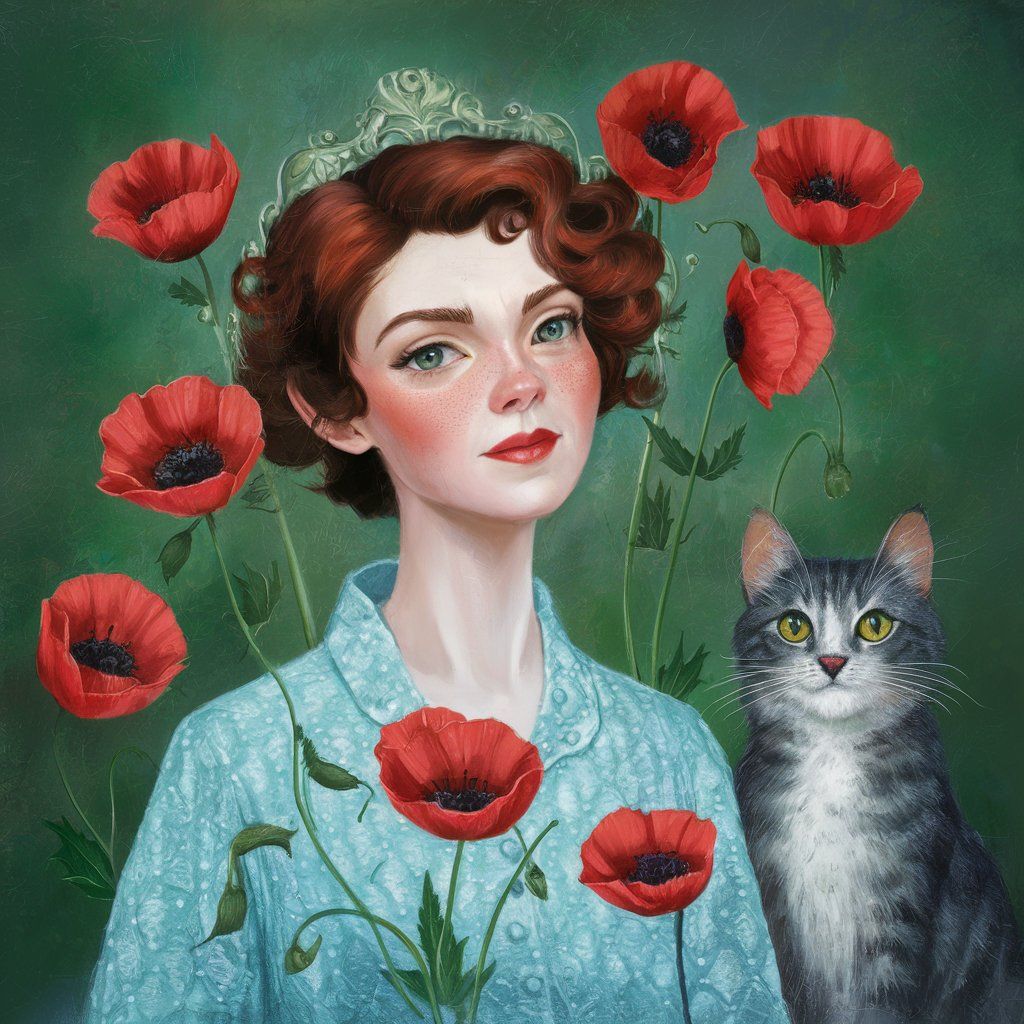 lady with poppies and a cat