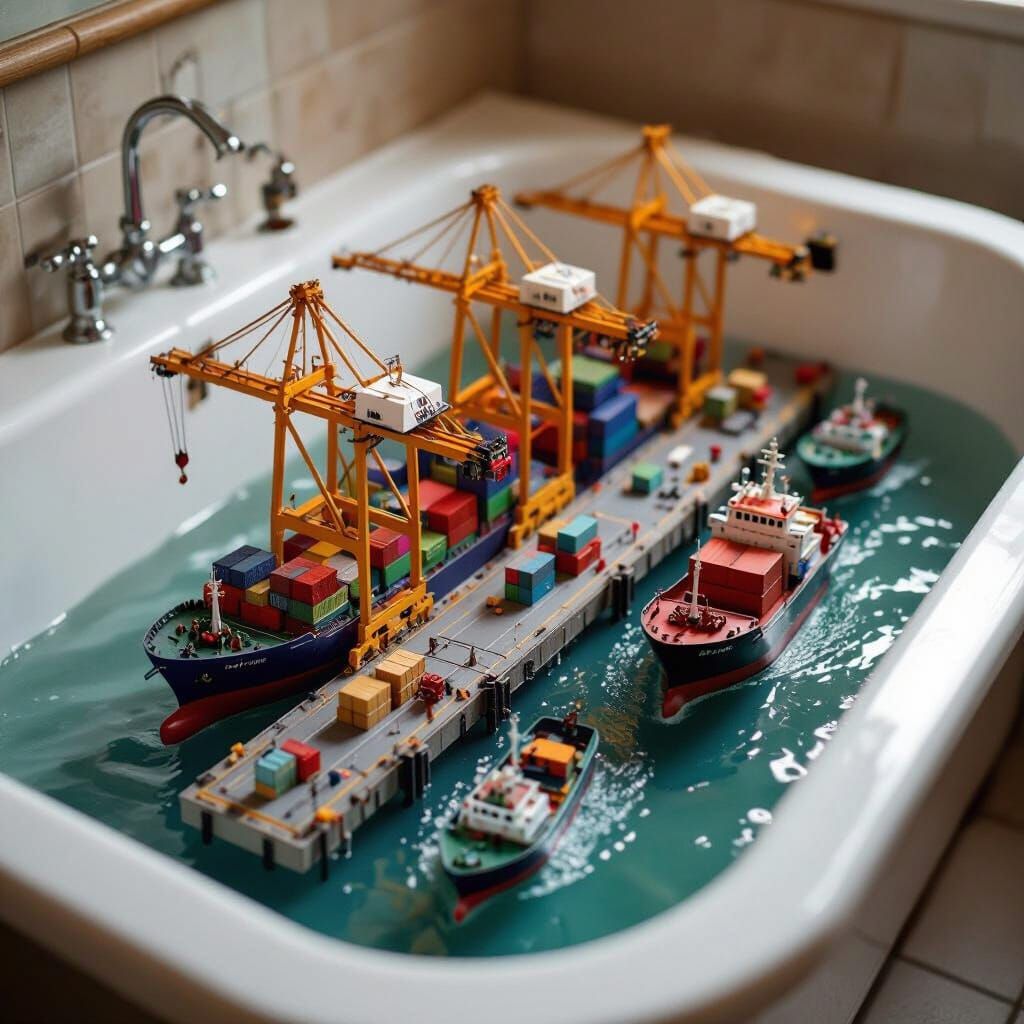 Miniature Port Scene Inside a Bathtub