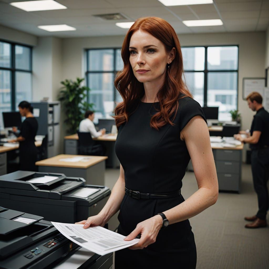 photo in a candid manner from across the room. A woman in her early 30s is standing next to a copier in a modern office. She is about 5'7 an...