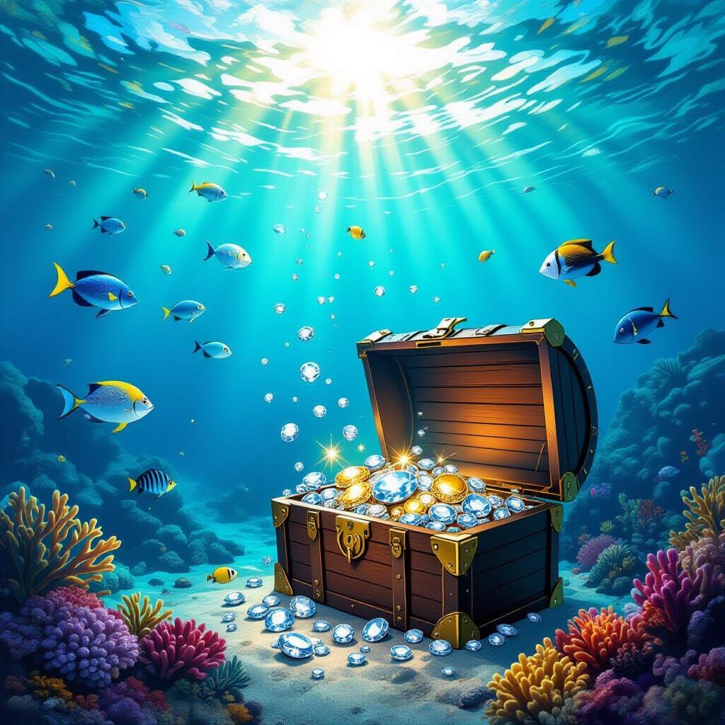 Treasure Chest of Gold, Diamonds, and Silver Underwater