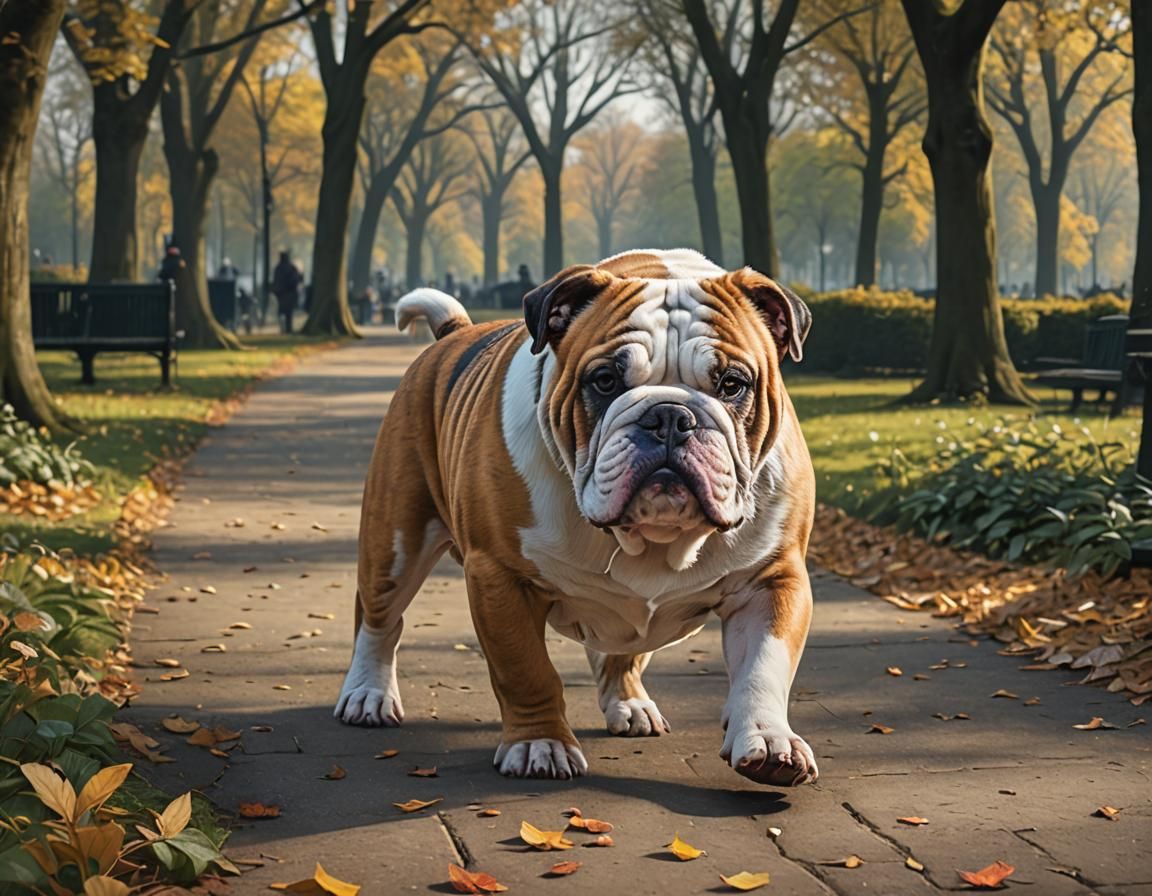 English bulldog walking in the park, ultra-detailed image, 1...