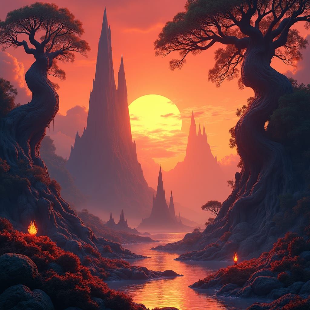 Surreal Sunset Landscape with Spires, Matte Painting
