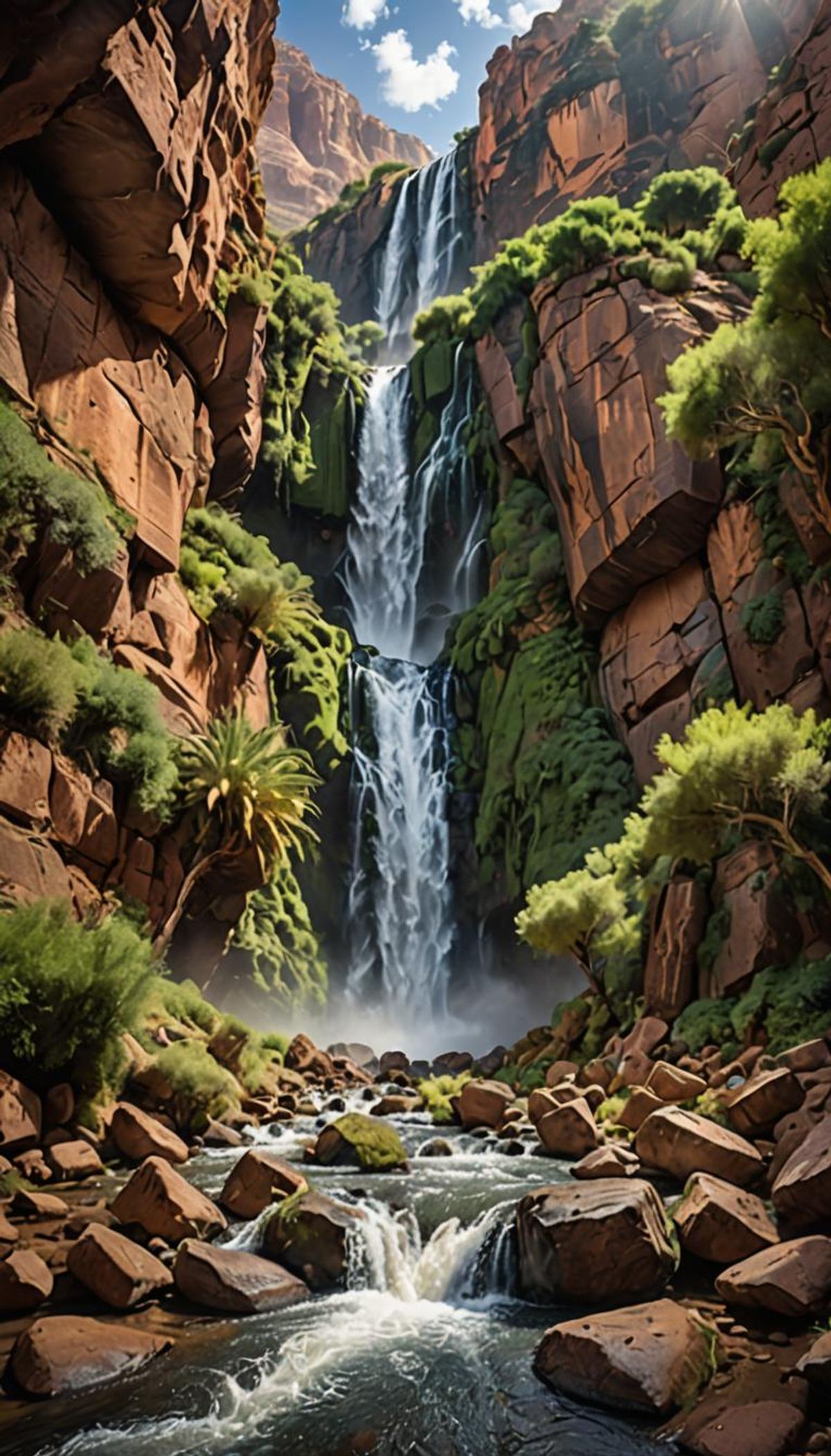 Imagine a detailed and photorealistic image of a cascading waterfall ...