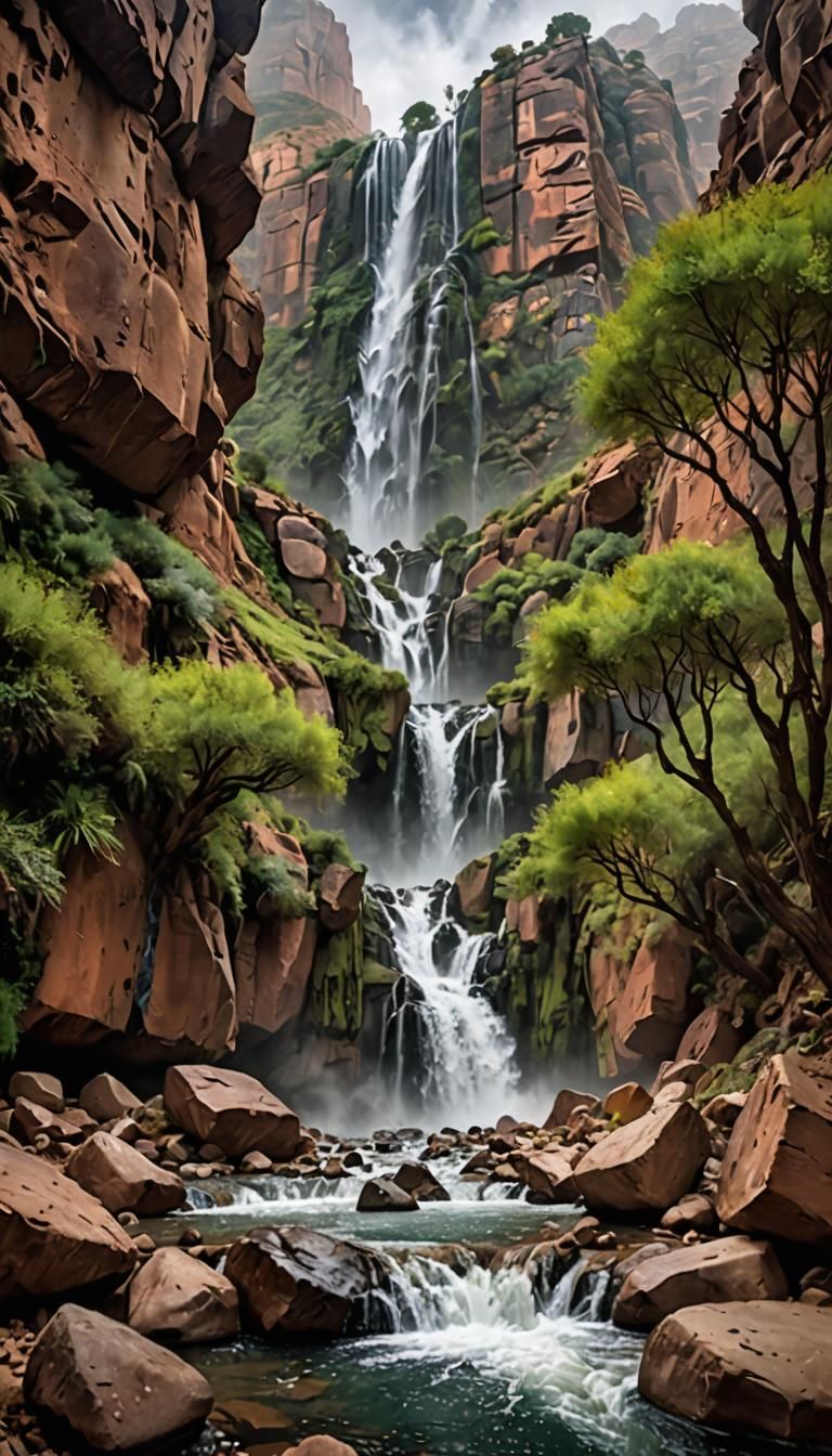 Imagine a detailed and photorealistic image of a cascading waterfall ...