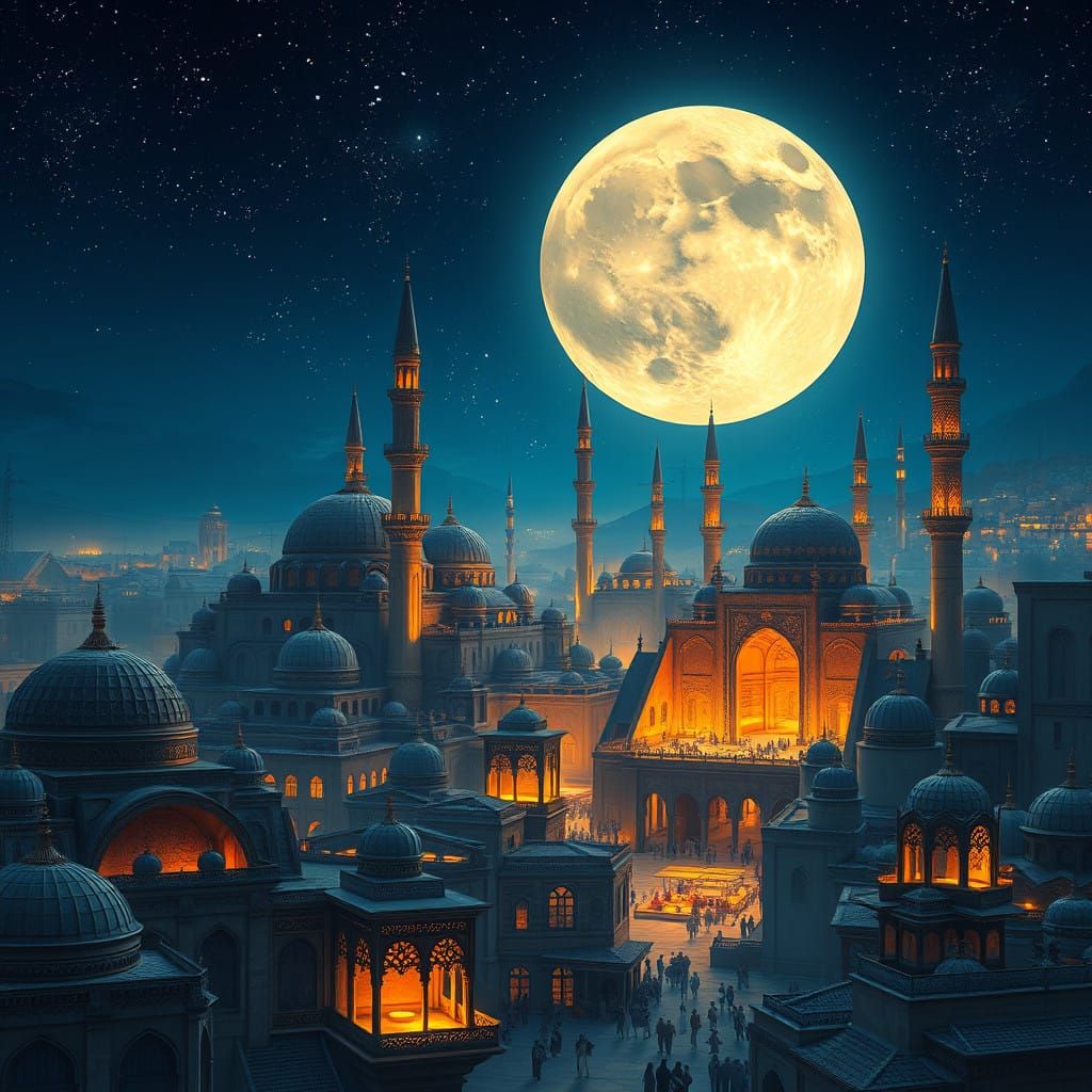 Ancient Middle Eastern Cityscape Under Glowing Full Moon