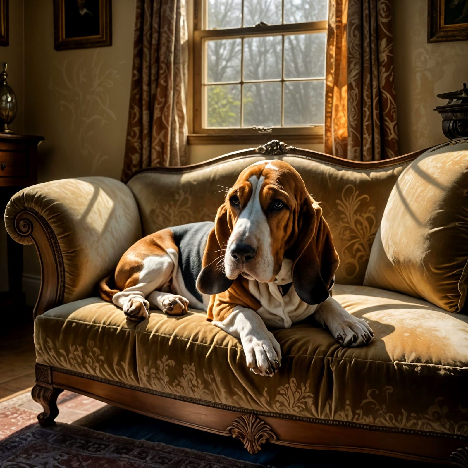 A serene Basset Hound peacefully dozing on a vintage, velvet chaise lounge in a softly lit room.  by @Valmont