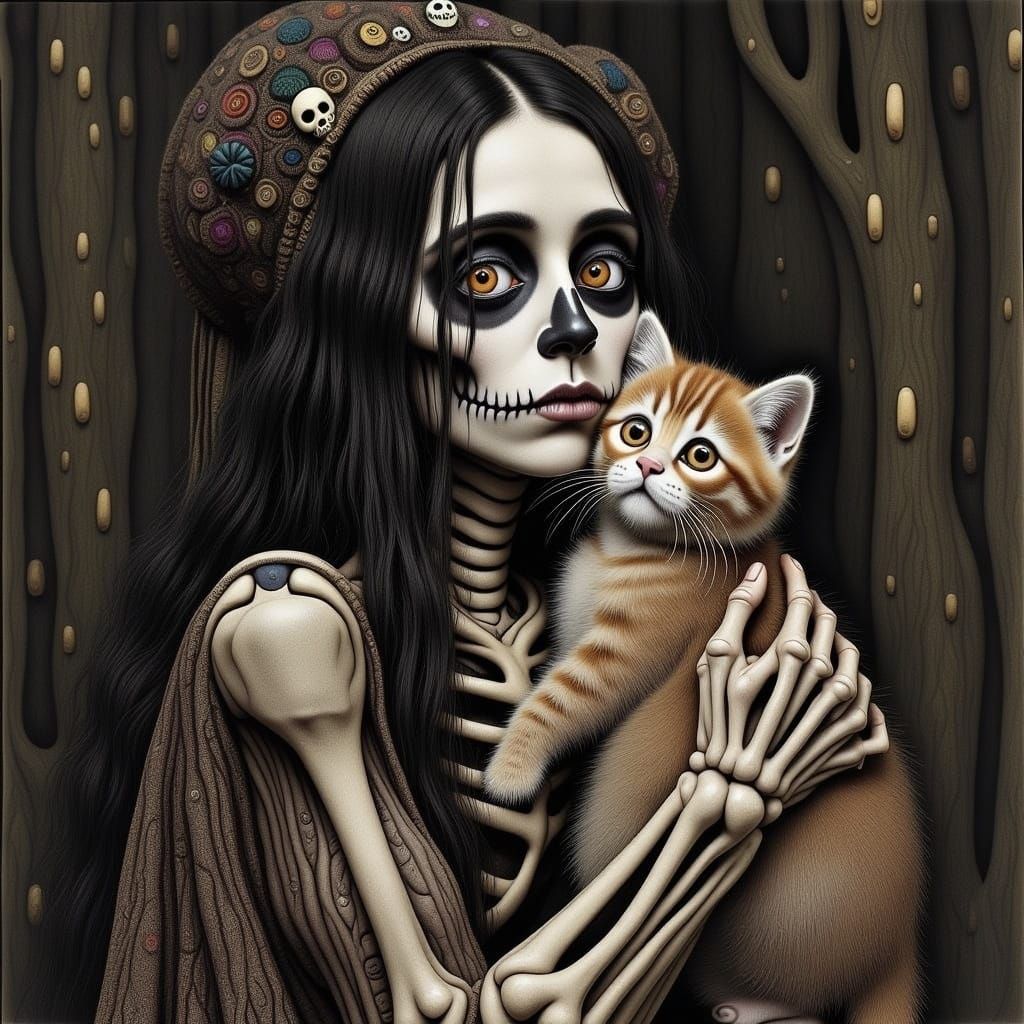 <lora:HEXEN HOLLOW:1.0> Skeleton woman hugging a cute kitten 