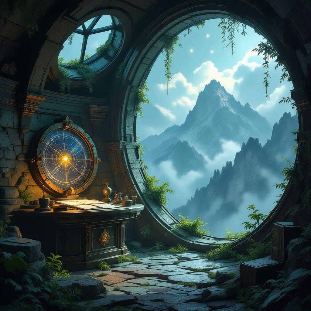 An ancient, overgrown observatory perched on a misty mountain peak. Inside, a complex network of celestial maps and arcane instruments is ba...