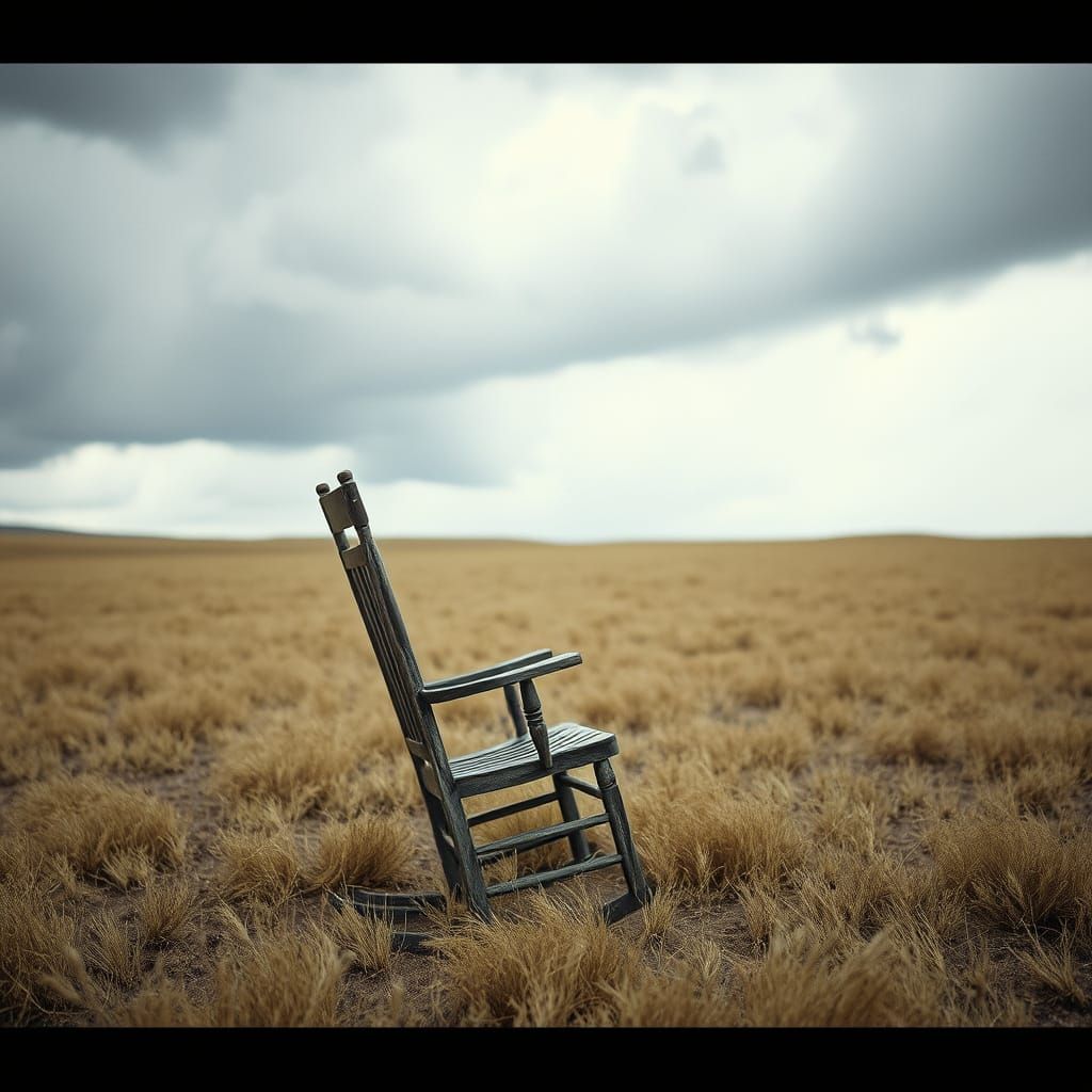 picture an empty rocking chair sitting in the middle of a vast, desolate field, under a stormy sky. The chair is weathered and worn, a silen...