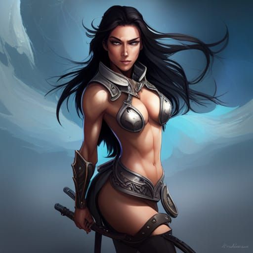 Black skimpy fantasy bikini armor long straight black hair