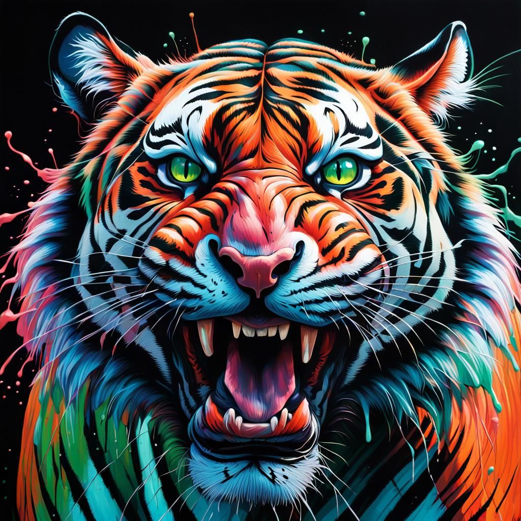close up full face photorealistic portrait of a roaring tiger, head slightly tilted, vibrantly intense ...  by @Chance