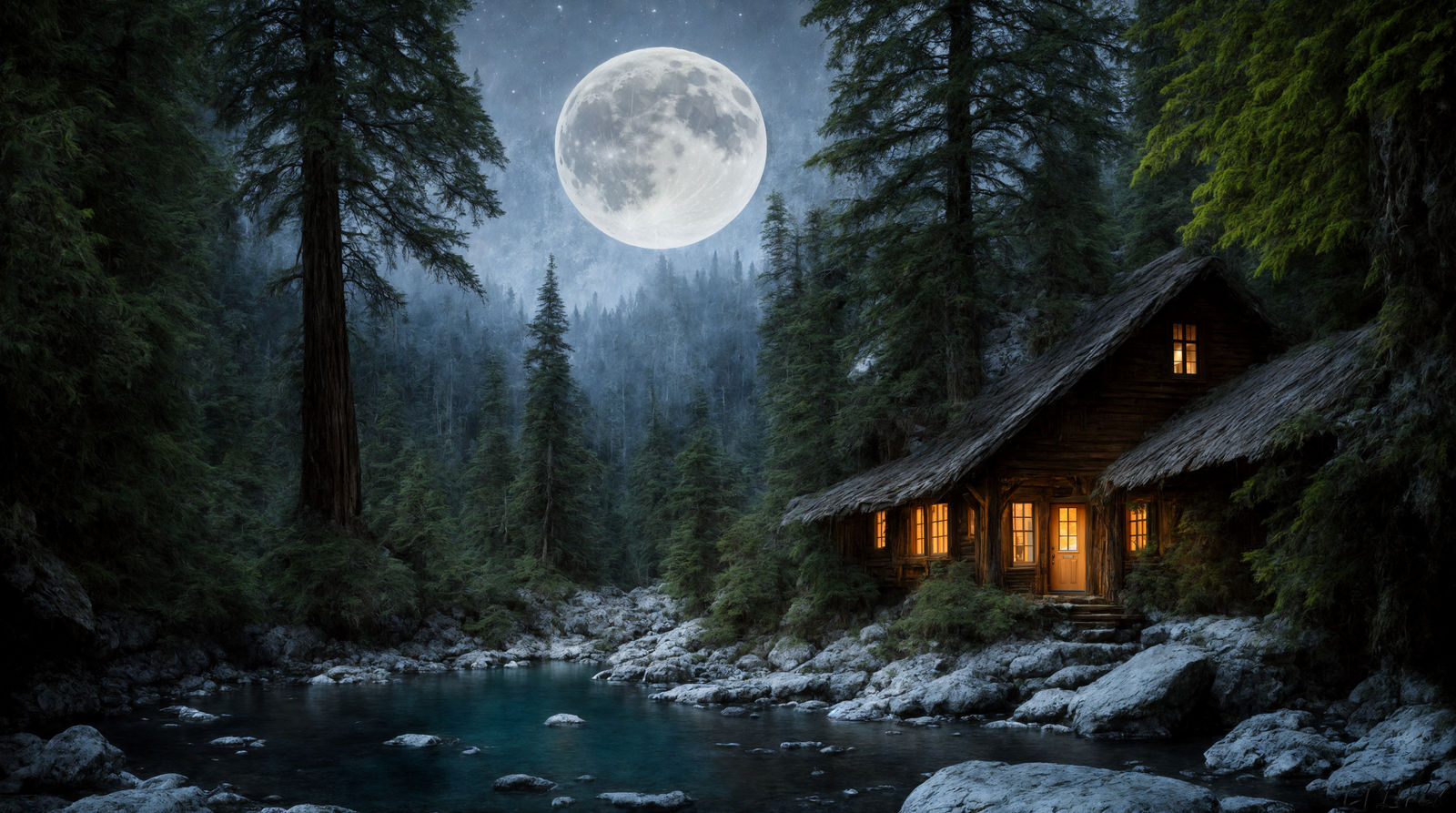 Cabin, pond and the giant moon.