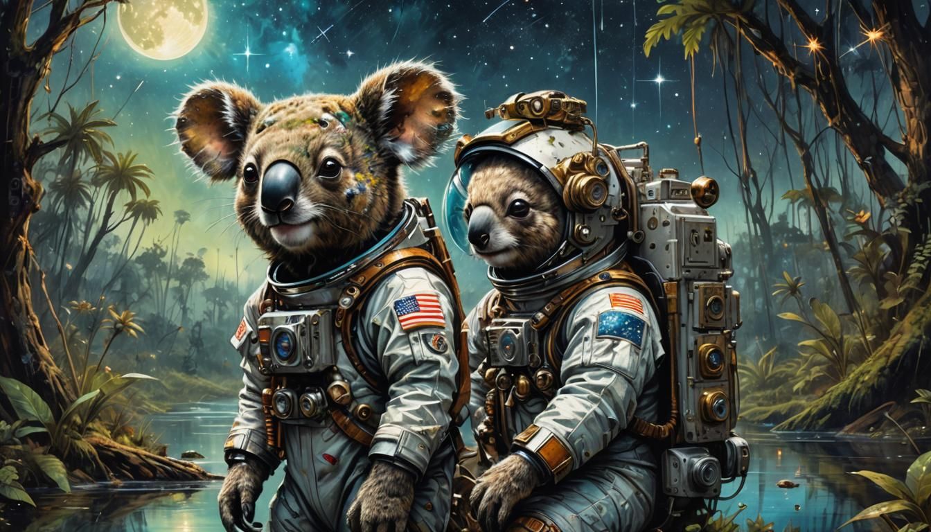Steampunk KOALA ASTRONAUT wearing SPACE suit, On exotic ALIE...