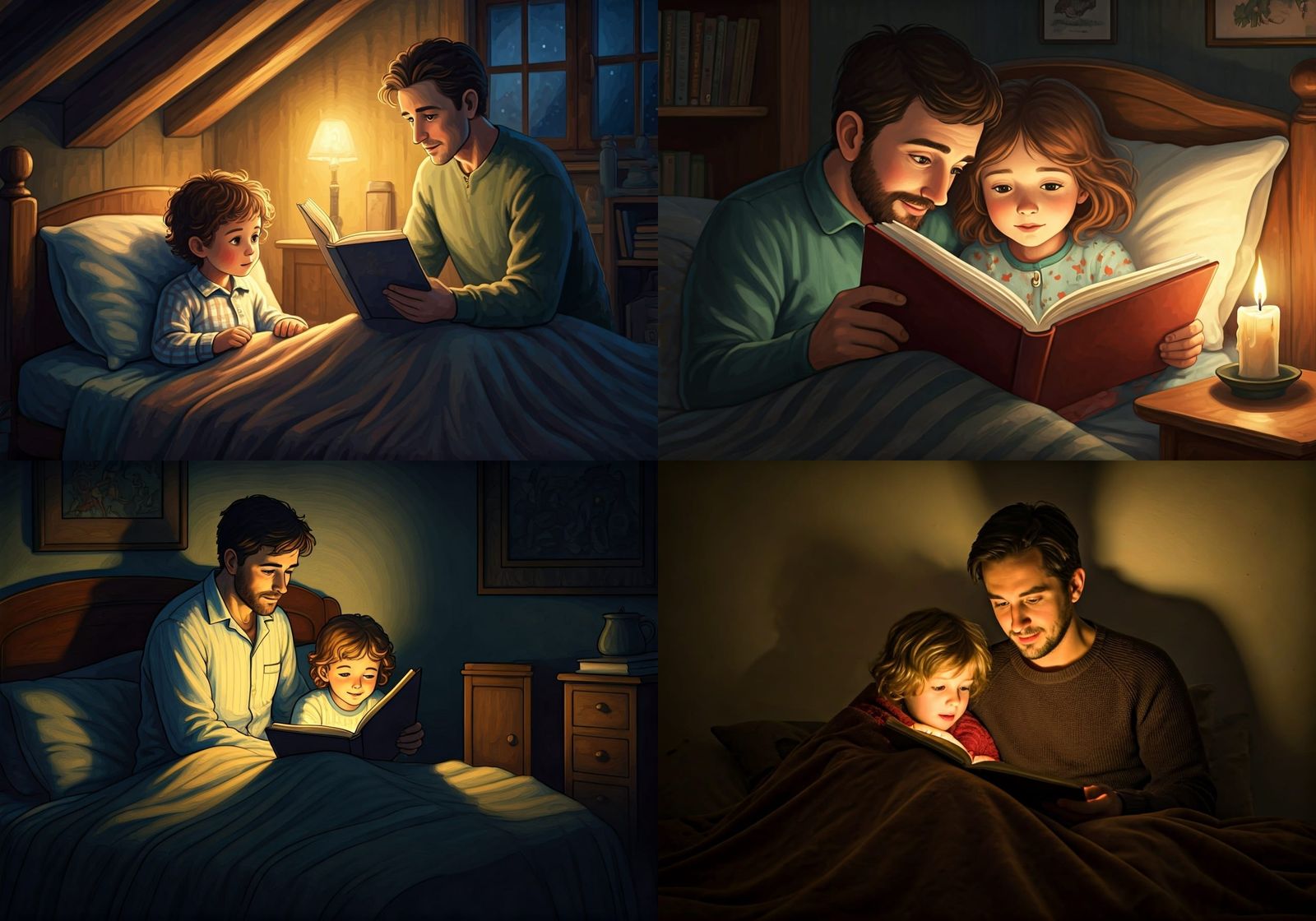 A cozy scene of bedtime stories, with a child tucked in and dad mid-story.