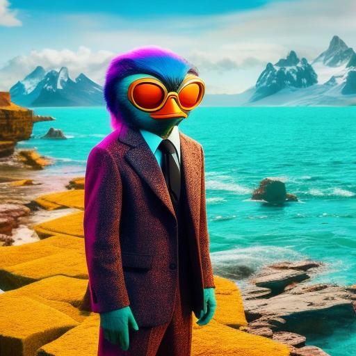 <lora:Groovy Lounge:1.0>  hyperrealistic strange penguin-like creature wearing sunglasses.