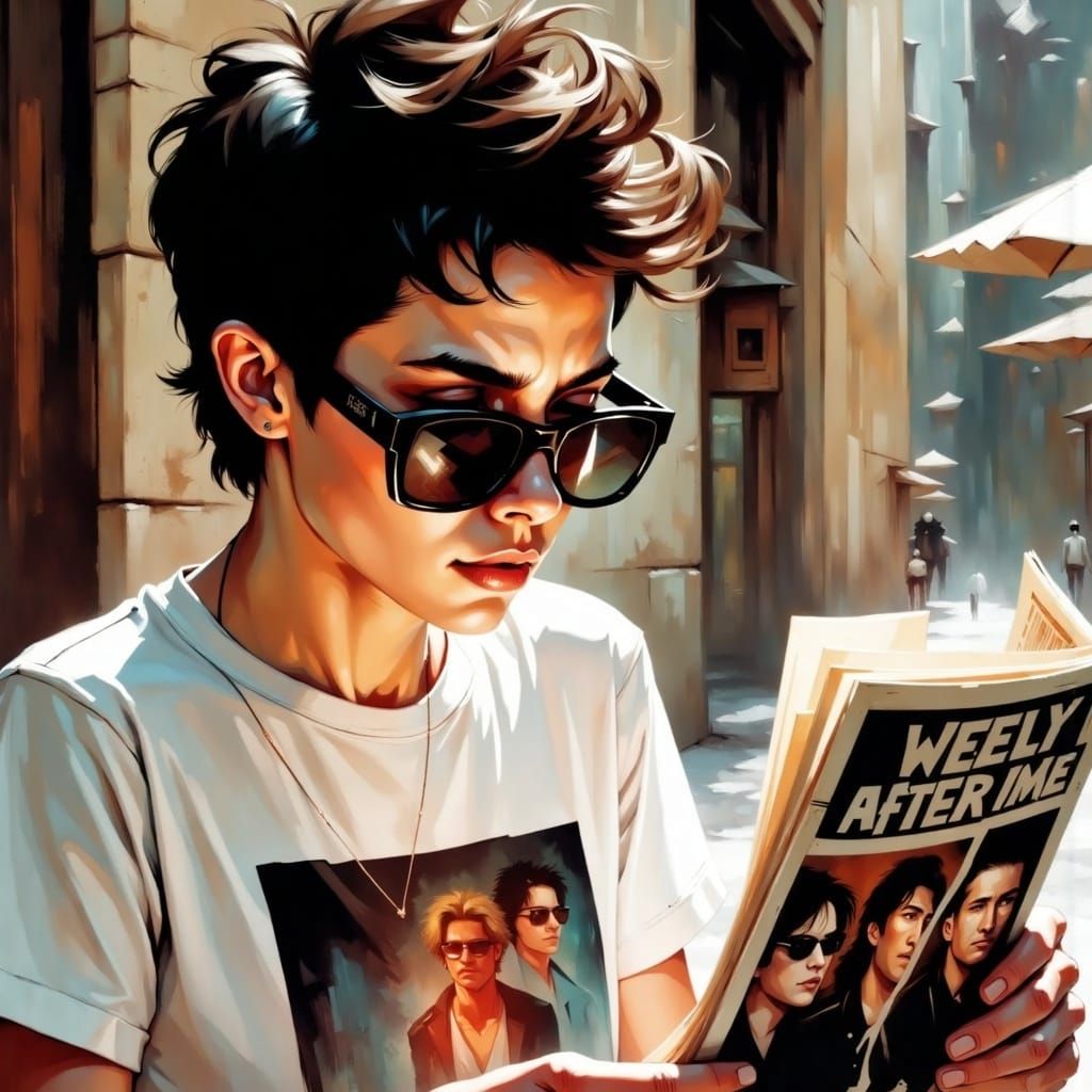<lora:Conceptualize FL:1.0> A close-up of someone in oversized sunglasses and a graphic T-shirt, flipping through gossip magazines with hea...