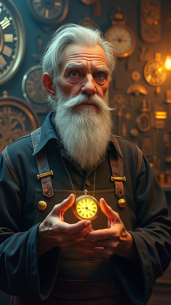 The Clockmaker (Main Antagonist):
"An elderly man with a long, wispy white beard and piercing blue eyes, dressed in a da...