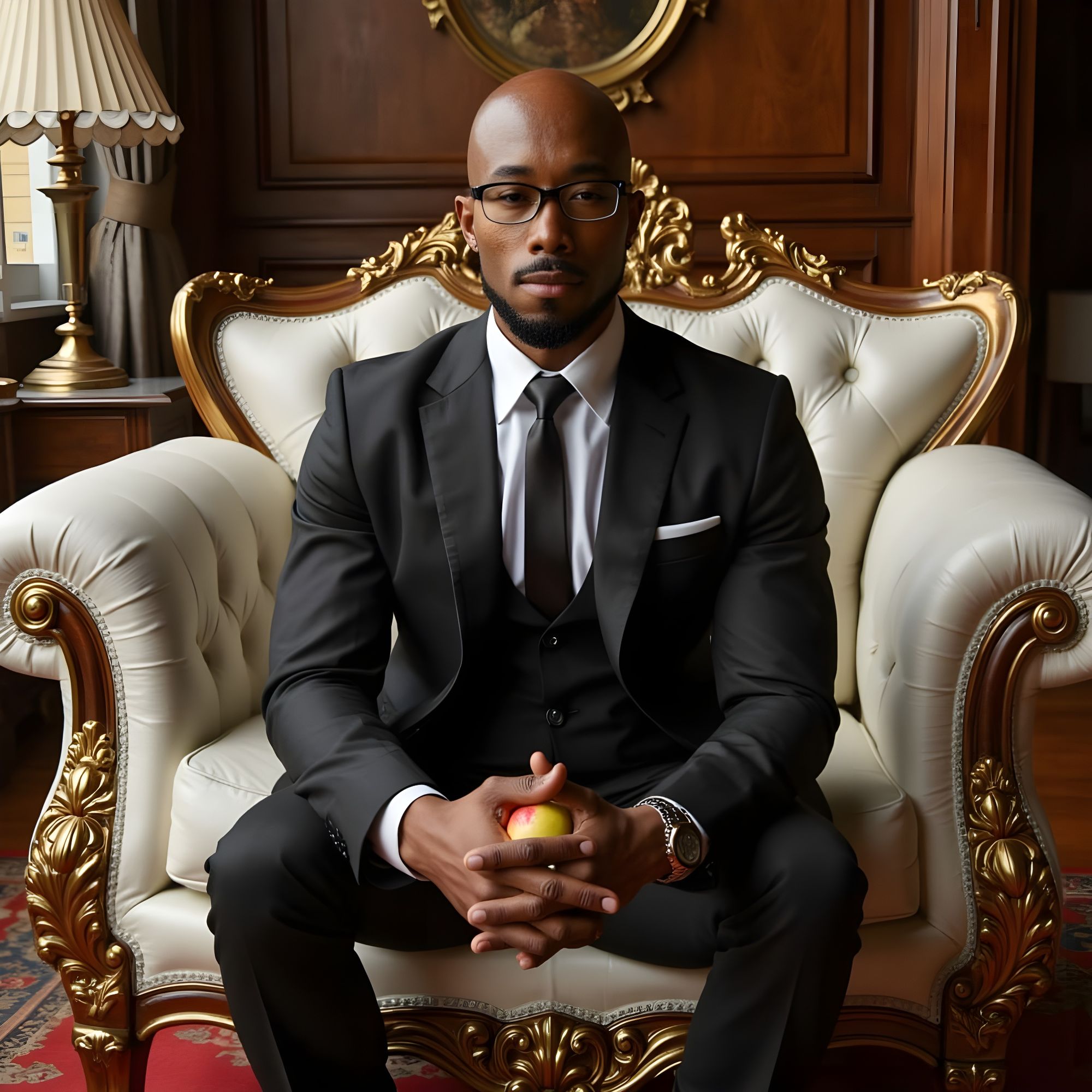 A photo of <lora:Konshents> bald head, in business casual outfit with the colors black and gold.  
Sitting down on a White Couch. 