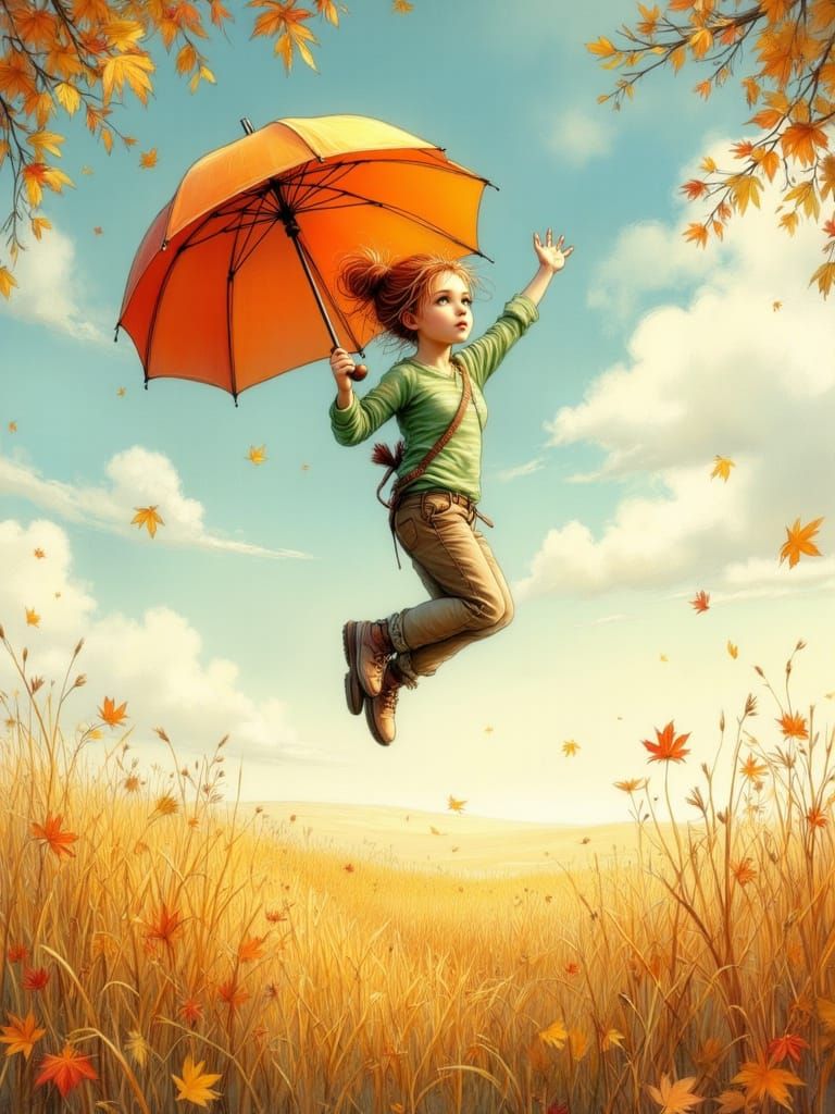 Child Soars on Orange Umbrella in Autumn Calm
