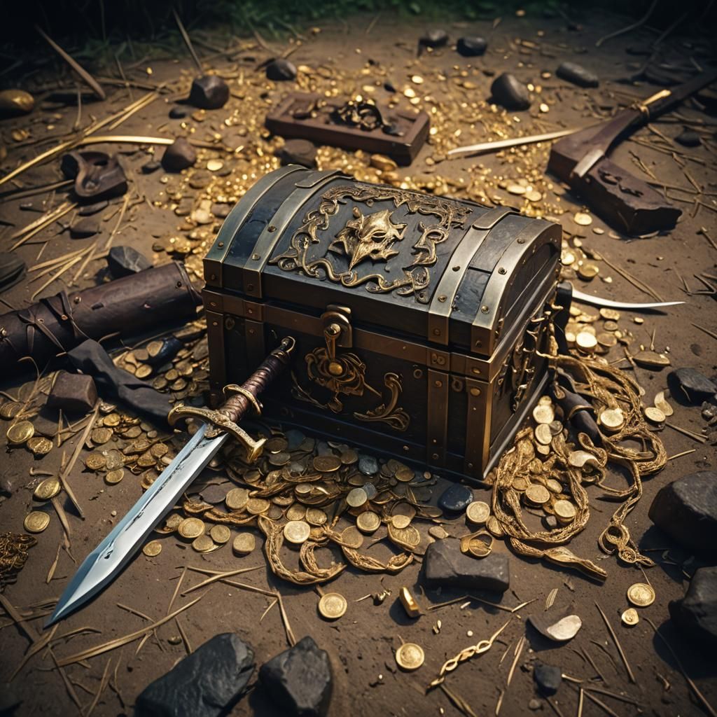 treasure chest with sword and gold