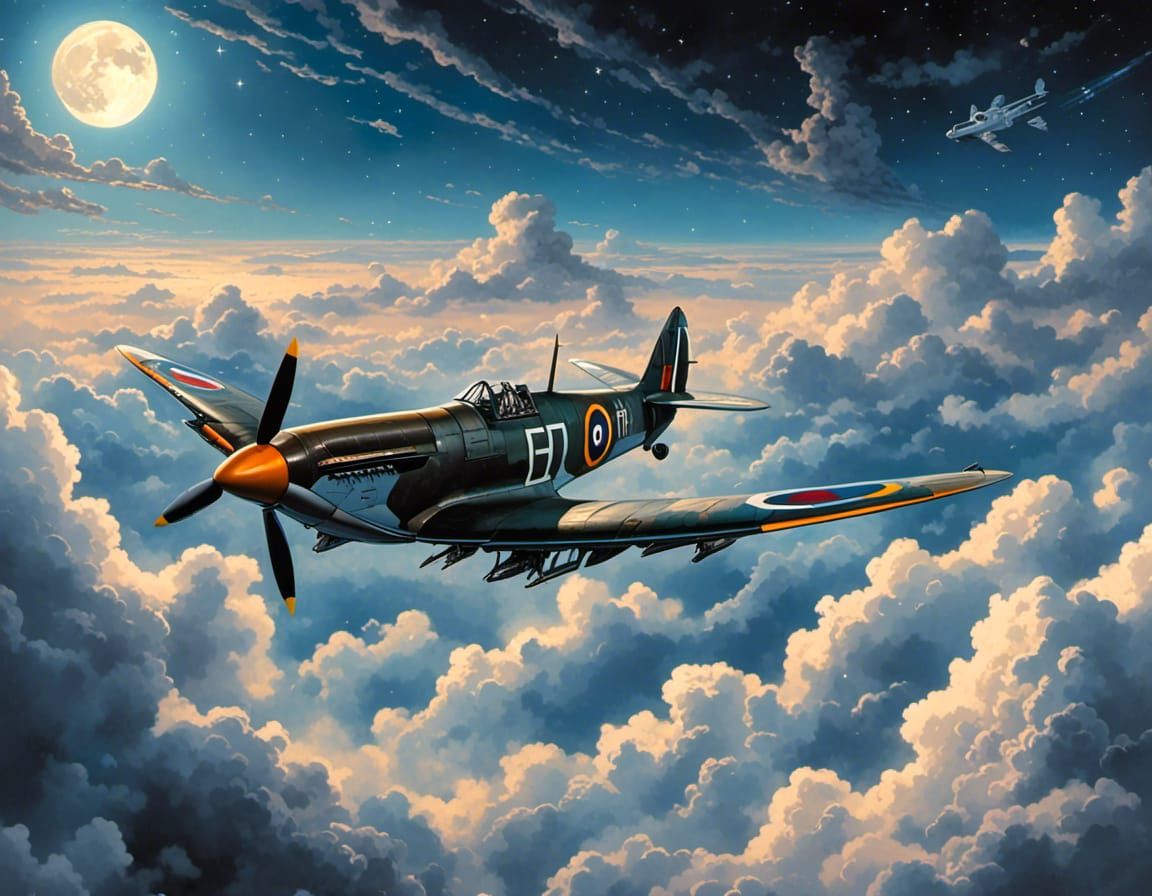 Spitfire Mk2 plane flying above the clouds at night <lora:Caffeinated Cosmic:1.0> stunning half-moon to the right of image