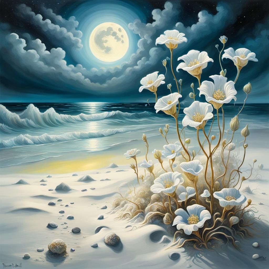 White sand flowers blooming on the beach in the moonlight at night