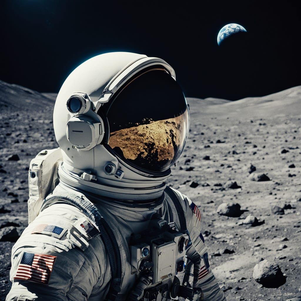 retrofuture mood : an astronaut gazing at the stars from the moon surface with a nighted earth on the ...  by @LNg