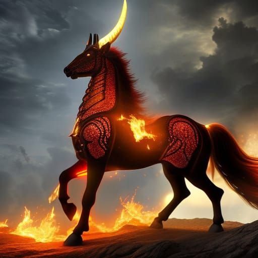 fantasy demon horse with horns and scales, made of fire, full body