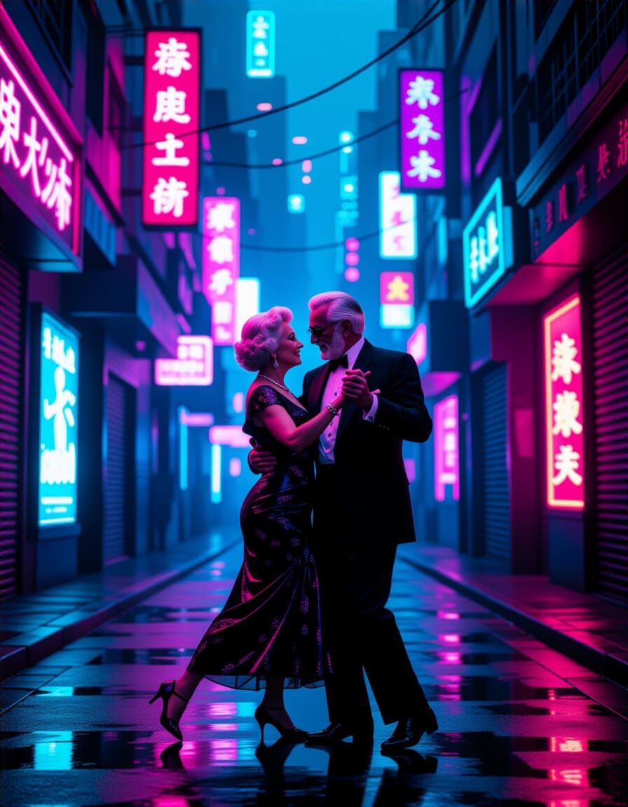 elderly couple, dressed in elegant 1950s attire, dancing the tango in a neon-lit, cyberpunk alleyway, ...  by @Matthew Convento