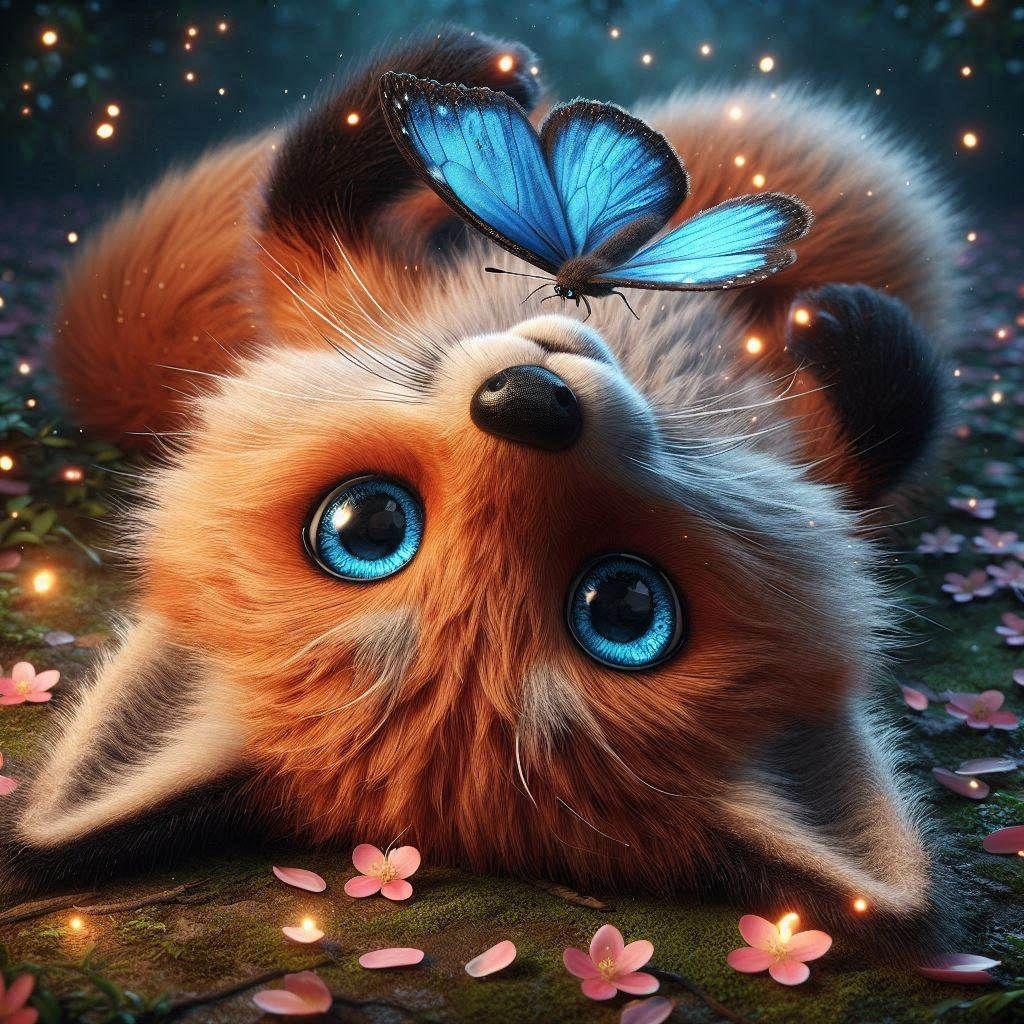 adorable Red Fox lying on back admiring blue butterfly