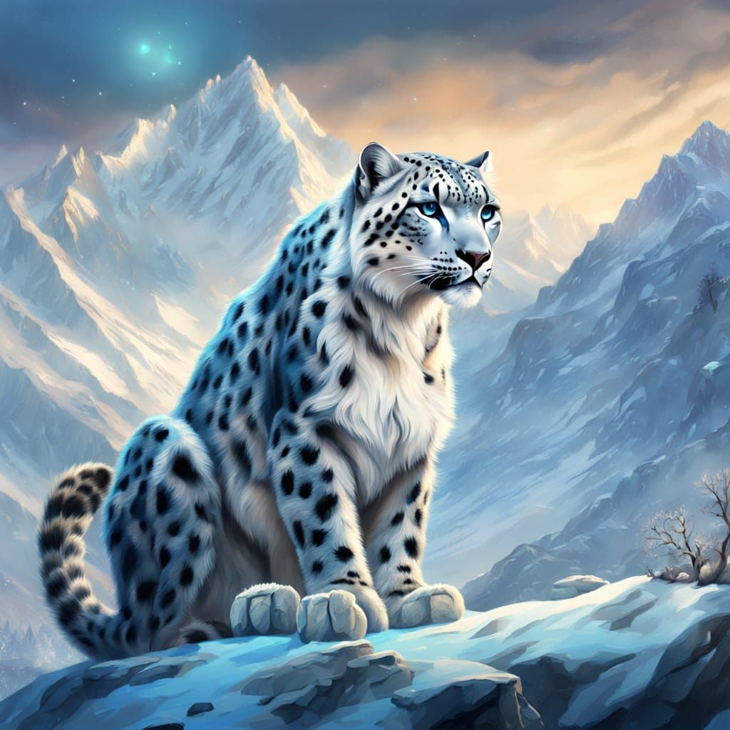 Majestic Snow Leopard in Ethereal Mountain Glow