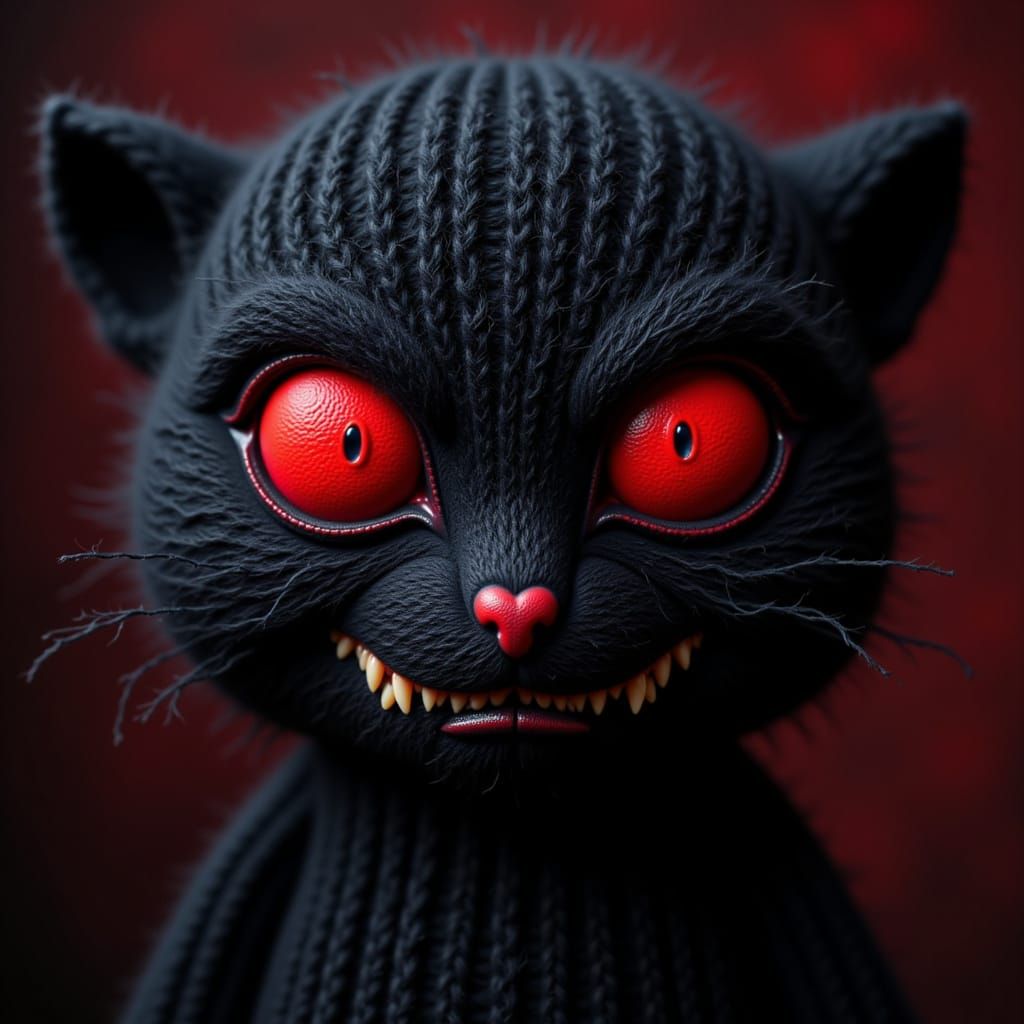 <lora:Black-Red Textures:1.0> black and red knitted textured monster