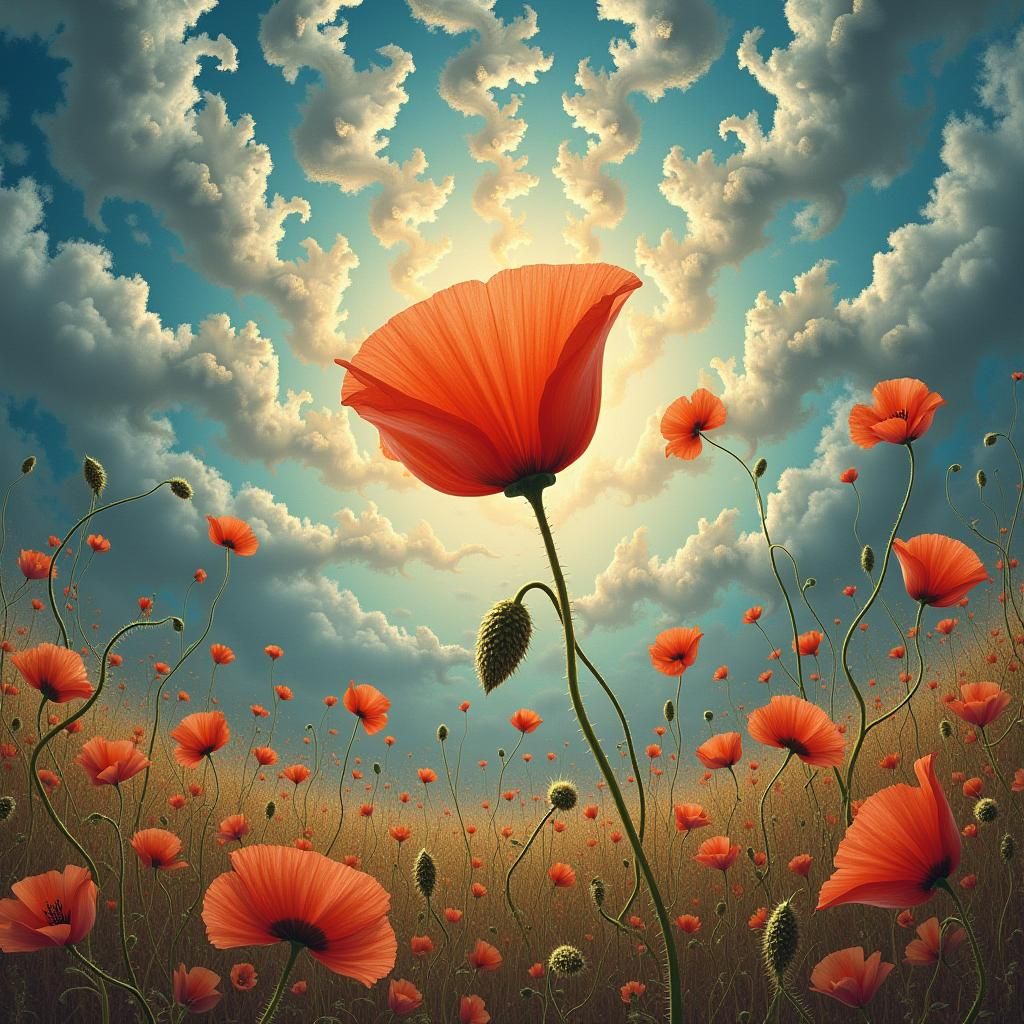 Elastic flora stretching and twisting in a vast surreal landscape. The sky above warps into metallic Rorschach patterns. Floating poppies ca...