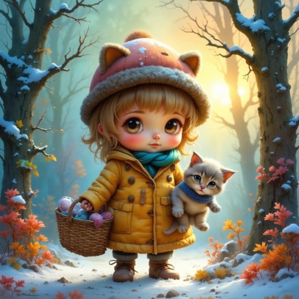 <lora:Colorful-Flux:1.0> winter fantasy art Whimsical cute, adorable, chibi-like little girl with big expressive eyes, holding a basket.  Wi...