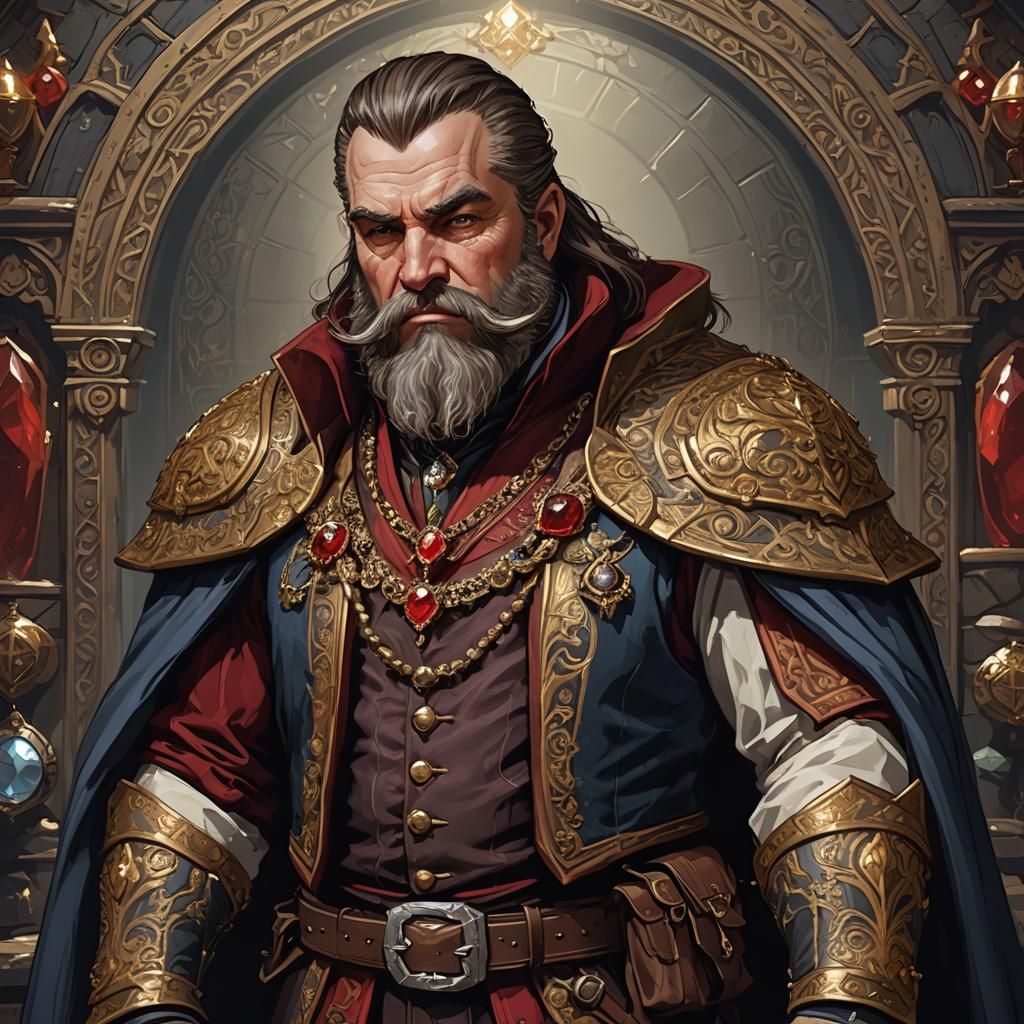A Dwarven aristocrat vampire in stunning expensive clothing ...