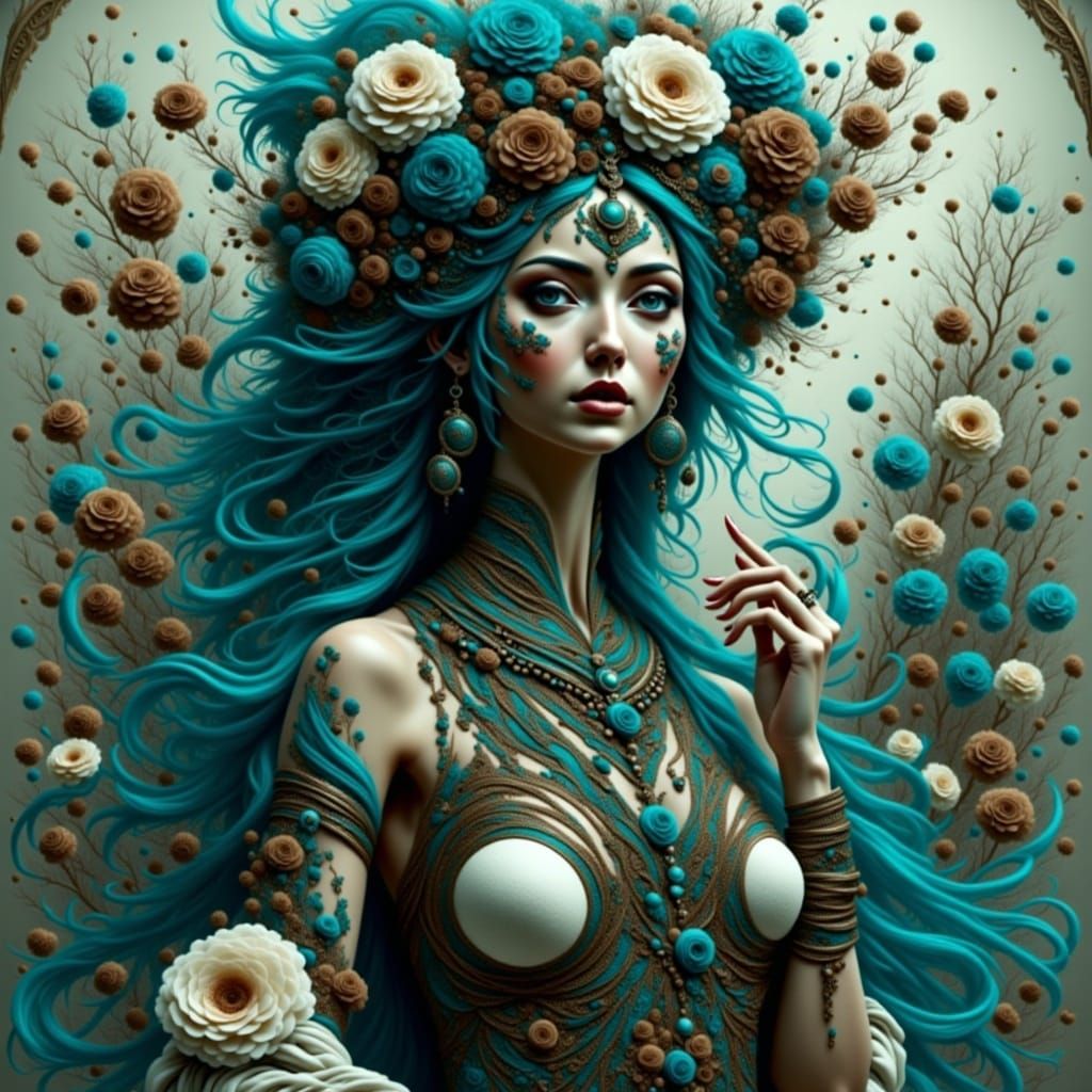 <lora:Flora Lora:1.0> hyperrealism, photo quality, (beautiful female gypsy dancer:1.9), full body view, (white brown bronze blue turquoise:1...