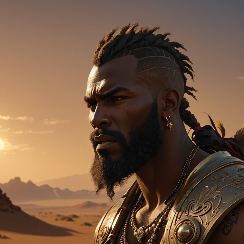 High Fantasy attractive male desert barbarian, dark skin, mohawk, long beard, angry, scenic desert background, high detail, high quality, co...
