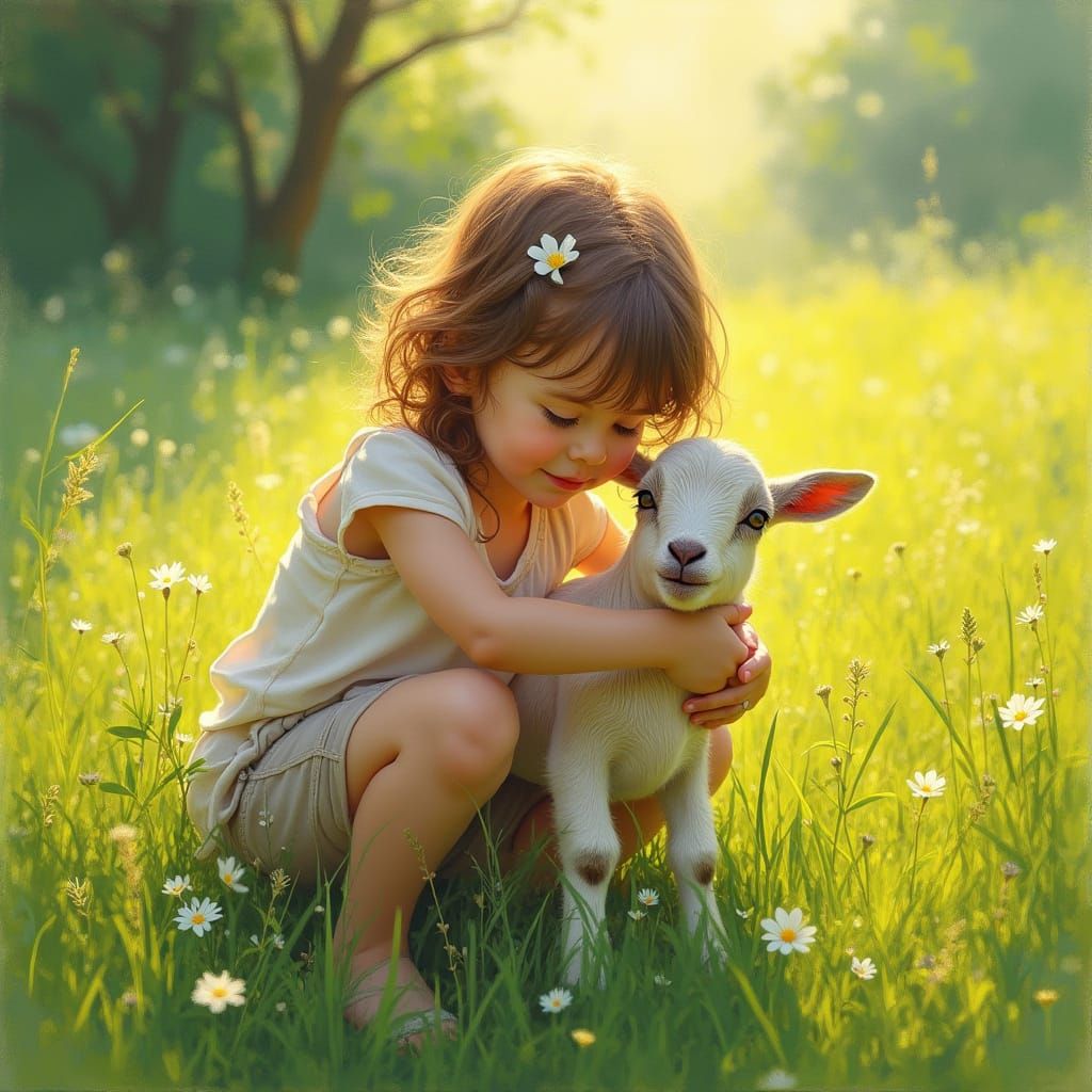 Child Embracing a Small Goat in a Vibrant Gouache Landscape