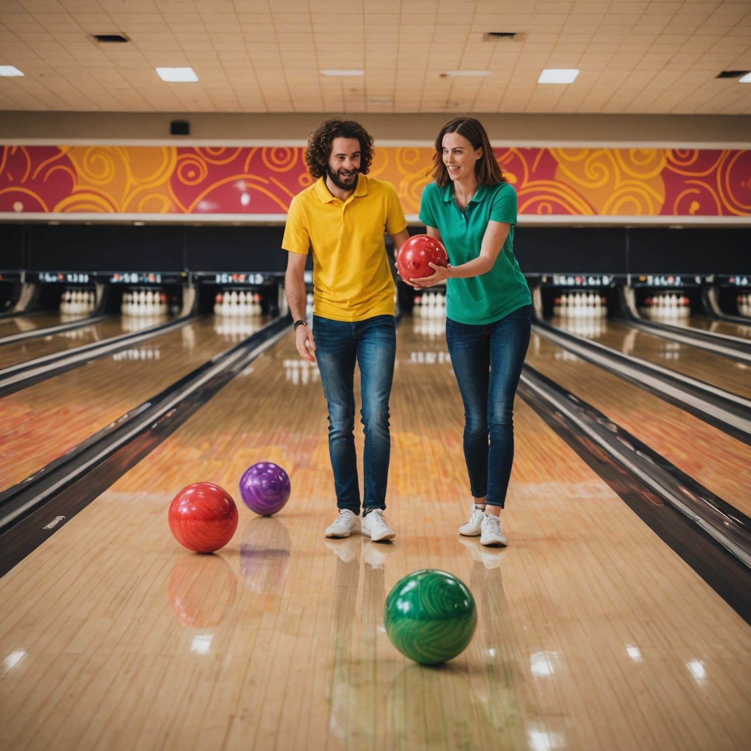 Two people bowling with colorful bowling balls and getting s...