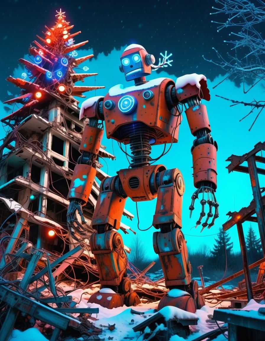 The end of the world, robot Santa Claus, Chrismas tree, 4k