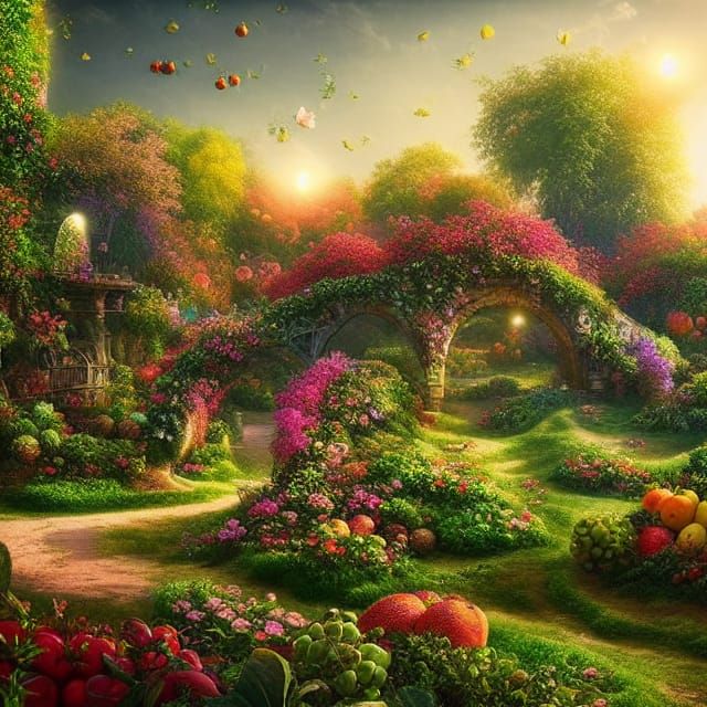 Beautiful Fruit Garden glowing in bright day light Epic cinematic brilliant stunning intricate meticulously ... undefined
