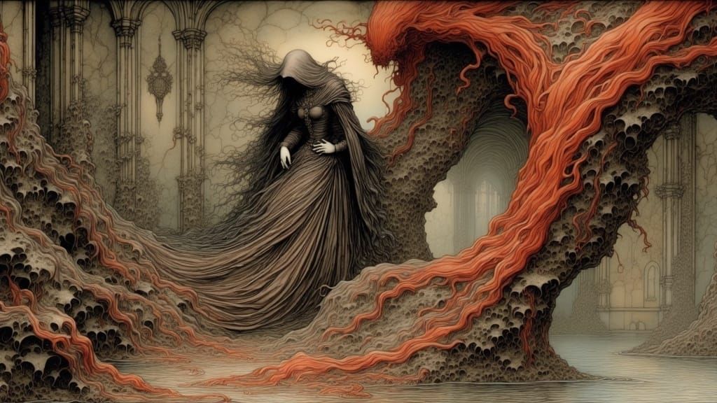 "The Red Witch." Ominous, Occult <lora:Albatross:1.0>, Intricately Designed, Elegant, Scenic, Delicate; Complex, Albrecht Dürer, full color...