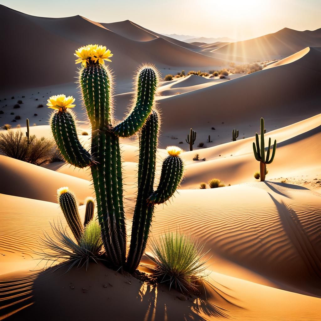 A sunlit desert with vibrant cactus blooms, shifting sands, and howling winds creates a beautifully desolate landscape.  by @Phantazia