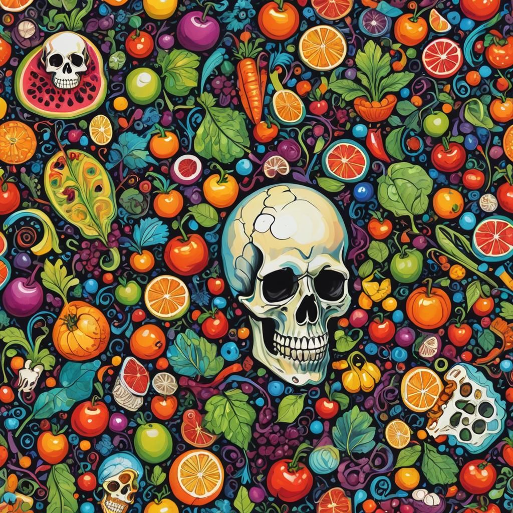 Still life with skull, fruit and vegetables and bugs